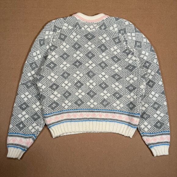 Vintage 80s Grandma Collared Sweater L Gray White Argyle Knit Pink Pastel Trim - Picture 4 of 7